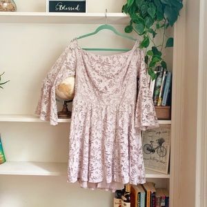 Soft pink off-the-shoulder bell sleeved lace dress